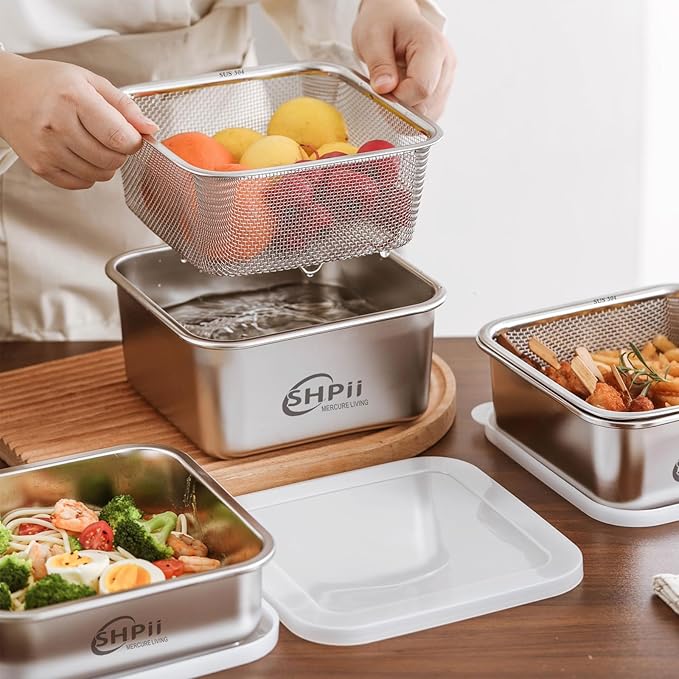 Square Colander Set,304 Stainless Steel with PE Lid,Storage Container,Prep,Tofu Drainer,Shellfish Drainer,Back of House Preparation,Refrigerator Storage,Picnic Party (1500ML)