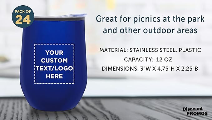 Custom Stemless Wine Tumblers 12 oz. Set of 24, Personalized Bulk Pack - Insulated, Perfect for Wine, Cocktails, Other Hot & Cold Beverages - Blue