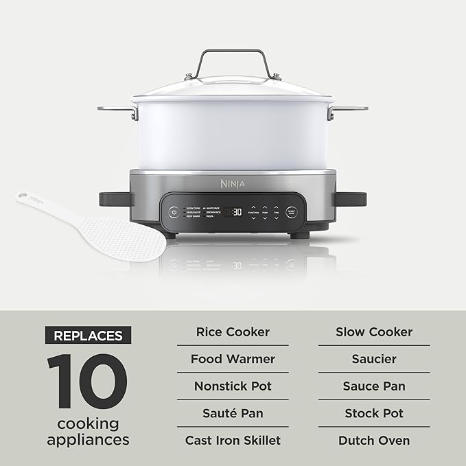 Ninja Foodi PossibleCooker PRO 6.5Qt Multicooker 8 in 1 Slow Cooker, Dutch Oven, Steam Bake Roast Sear Sauté Bread Maker Warmer, Glass Lid, Integrated Spoon, Nonstick (WHITE)