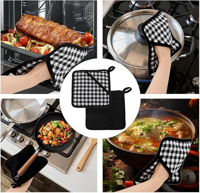 Pot Holders for Kitchen 2 Pack Heat Resistant Hot Pads for Kitchen Counter Decor Silicone Non-Slip Hot Pads with Soft Cotton Lining Pot Holder Trivets for Kitchens Oven Cooking Baking Pans,Black Plaid