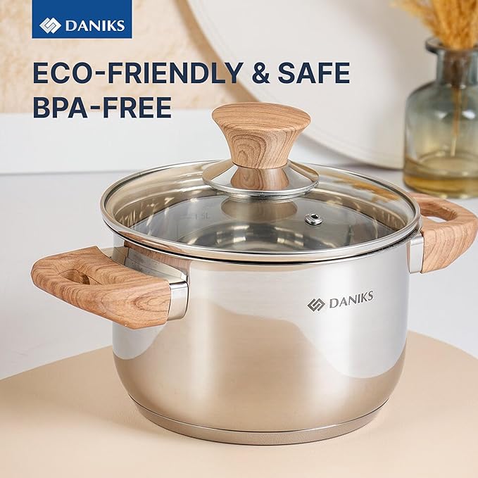 Daniks Oslo 6-Piece Stainless Steel Induction Cookware Set – Dishwasher Safe Pots with Heatproof Handles, Glass Lids, Silver