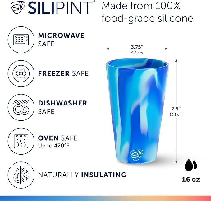 Silipint 16oz Silicone Pint Glass – Unbreakable BPA-Free Reusable Silicone Drinking Cup – Flexible Dishwasher Microwave & Freezer Safe – Stemless Glass for Water Coffee Smoothies (Arctic Sky)