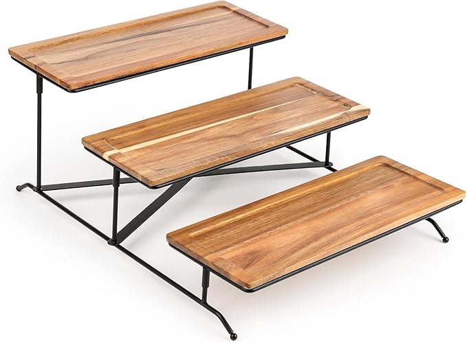 ZONEYILA 3 Tier Serving Stand with Wooden Serving Platter, 14 Inch Tier Serving Trays with Collapsible Sturdier Rack, Rectangle Cupcake Stand for Party