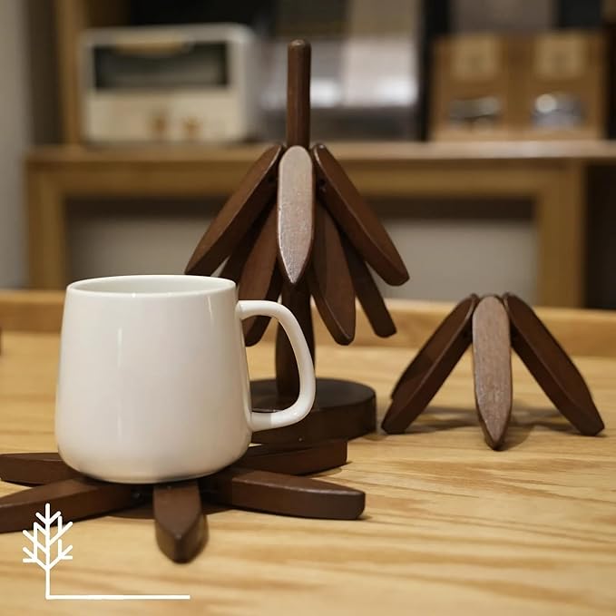 Artisanal Wooden Coasters Trivets Set – Foldable Wooden Tree Trivet with 4 Coasters & Stand – Heat Resistant Hot Plate Holder & Kitchen Accessories for Dining Table