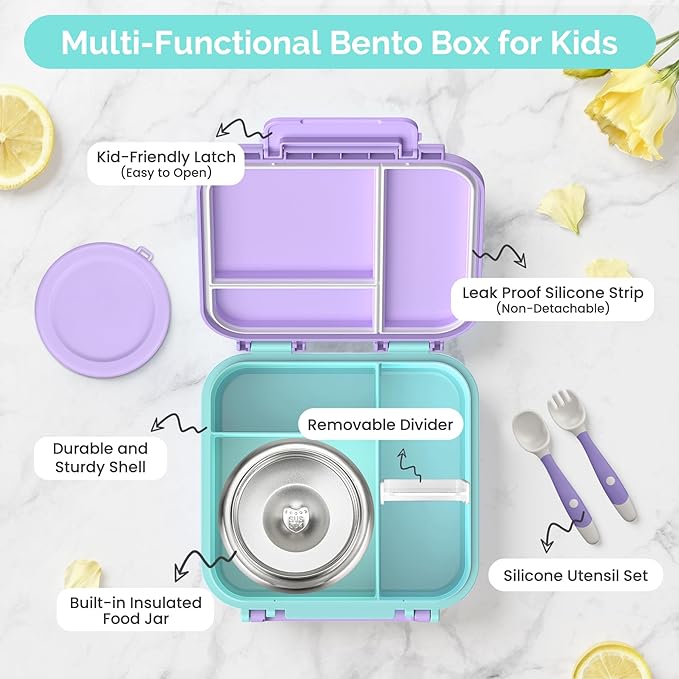 Kids Lunch Box Set with Bento Box, 9oz Stainless Steel Thermos & Insulated Lunch Bag – Hot & Cold Leakproof Lunch Container with Utensils for School & Travel