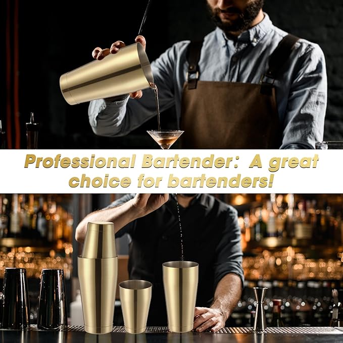 Sabary 6 Pcs Cocktail Shakers Professional Bar Shaker Boston Set Stainless Steel Martini Drink Mixer Basic Tool Weighted Shake Metal Can Cocktail Shaker Set, 18 Oz, 28 oz (Sanding Gold)