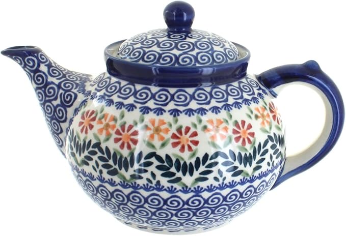 Blue Rose Polish Pottery - Orange Garden Bouquet Teapot - 5 Cup Capacity - Hand-Painted Polish Pottery Ceramic Coffee & Tea Server