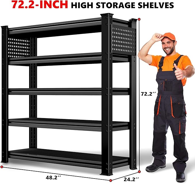 SILVEL 48.2" W Garage Shelving, 5000LBS Heavy Duty Metal Shelving, 2025 Solid Storage Shelves with 2 Side Pegboards, Industrial 5 Tier Shelves for Basement Pantry Warehouse Supermarket, 3 Pack