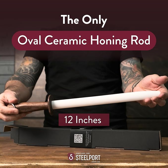 STEELPORT 12 inch Oval Ceramic Honing Rod | Professional Knife Sharpener Rod with Oregon Black Walnut Handle, Safety Guard | Premium Blade Sharpener For All Knifes | Ideal Gift for Chefs, Home Cooks