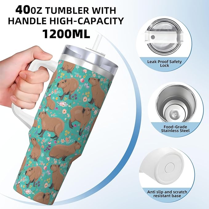 Capybara Gifts Capybara Tumbler Cute Cup Water Bottle for Girls, Teens, Women, Men Stainless Steel Vacuum Insulated 40oz Tumbler with Lid and Straw for Water, Iced Tea or Coffee, Blue