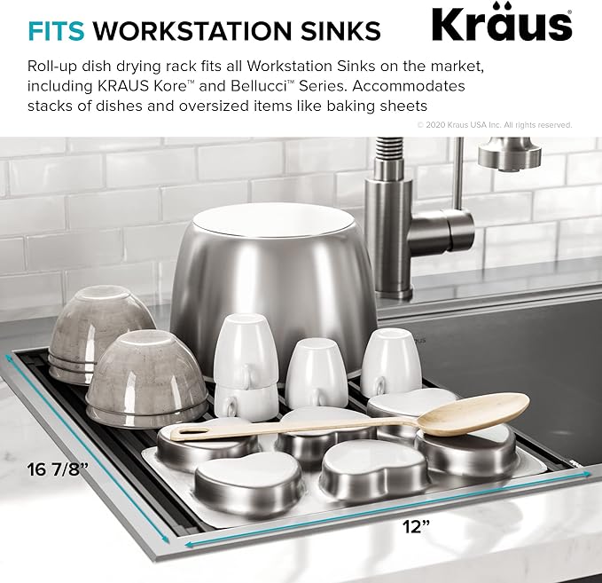Kraus Multipurpose Workstation Sink Roll-Up Dish Drying Rack, Colander and Trivet in Black, KRM-11BL