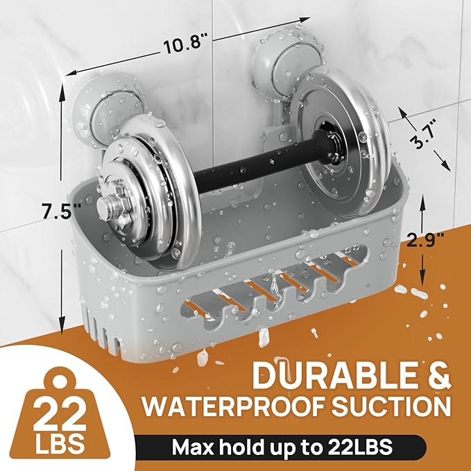 LEVERLOC Shower Caddy Suction Cup, Shower Organizer Removable Bathroom Shelf, Storage Suction Powerful Max Hold 22lbs Bathroom Caddy Waterproof Holder, Gray