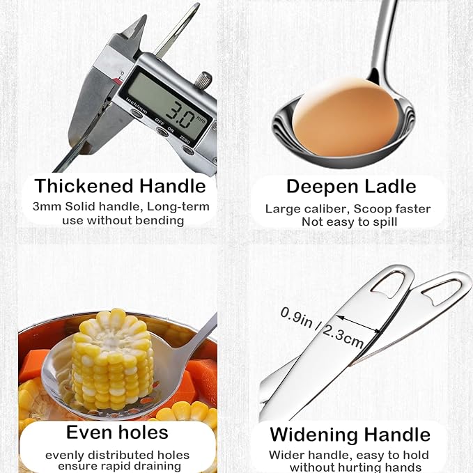 Soup Ladle Slotted Spoon Set, 304 Stainless Steel 12.2Inch Metal Ladle, Extra Large Soup Spoon with Long Handle for Serving, Cooking, Stirring, Serving Soups, Silver
