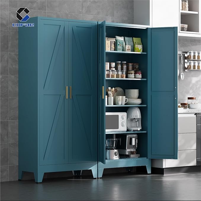 COFaR 71 in Tall Metal Storage Cabinet, Metal Cabinet with 3 Adjustable Shelves and Barn Doors, Farmhouse Cupboard Storage for Kitchen Pantry Garage, Peacock Blue 5-Tier