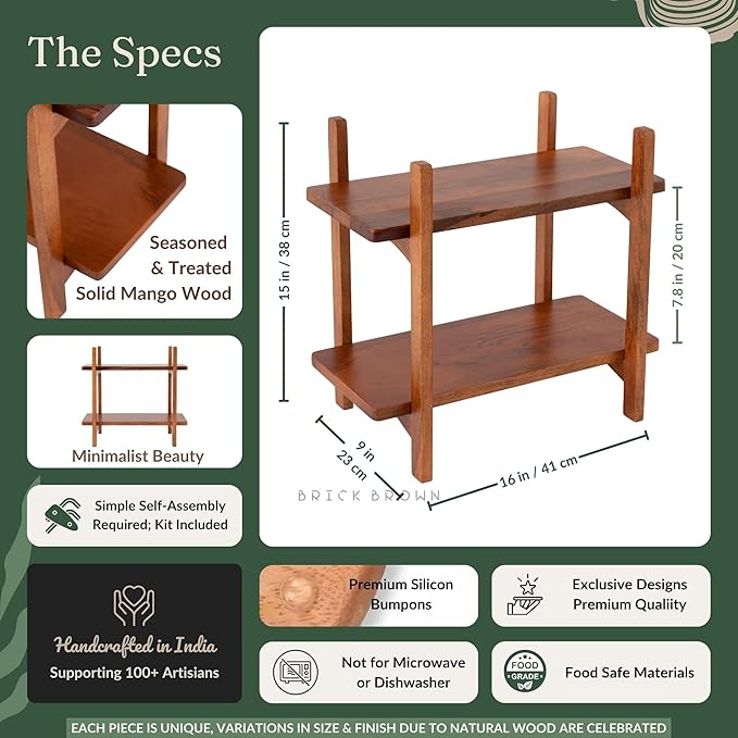 Brick Brown Premium Zen Organizer | 2-Tier Wooden Spice Rack | Kitchen Countertop Shelf | Tiered Shelf Organizer | Grocery Rack (41 x 23 x 38 Cm)