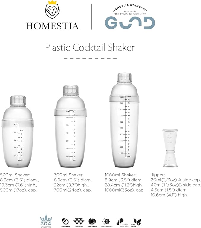 Homestia 2Pcs Plastic Cocktail Shaker with Double Jigger Set, 33oz/1000cc Clear Plastic Bottle Boba Tea Shaker Cup with Scales, Transparent Hand Drink Mixer Cocktail Measuring Cup for Bar Tools