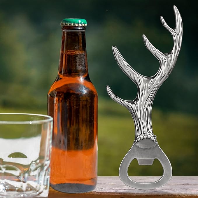 LKKCHER Deer Reindeer Antlers Beer Bottle Opener, Father's Day & Christmas Gifts for Men, Women & Hunters, Dark Silver