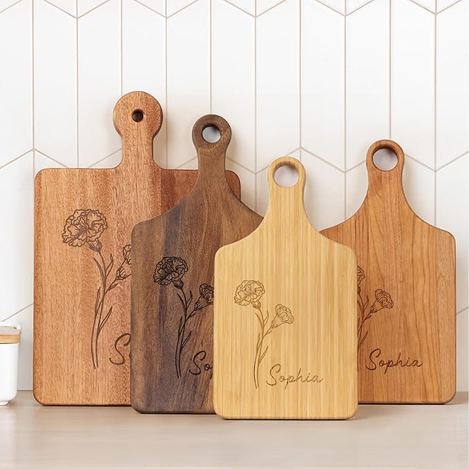 callie Personalized Cutting Board with Birth Flower & Name, Wooden Engraved Kitchen Chopping Boards with Handle, Christmas Birthday Wedding Gifts for Mom Grandma Bride (S, M, L)