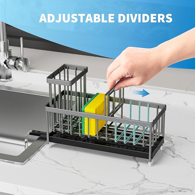 Cisily Charcoal Gray Sponge Holder for Kitchen Sink, Sink Caddy Organizer with High Brush Holder, Kitchen Countertop Organizers and Storage Essentials, Rustproof 304 Stainless Steel