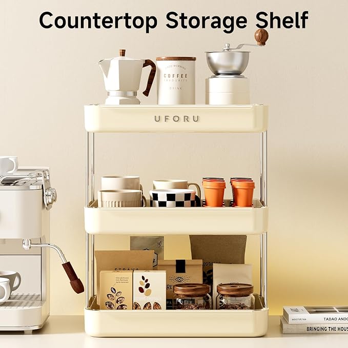 Countertop Coffee Station Organizer, 3 Tier Wine Glass Holder, Mug Shelf with Removable Drain Tray, Spice Rack for Kitchen, Bathroom Countertop Organizer, Cream White