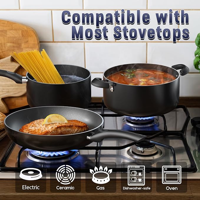 Cook N Home Pots and Pans Nonstick Cooking Set includes Saucepan Frying Pan Kitchen Cookware 15-Piece, Stay Cool Handle, Black
