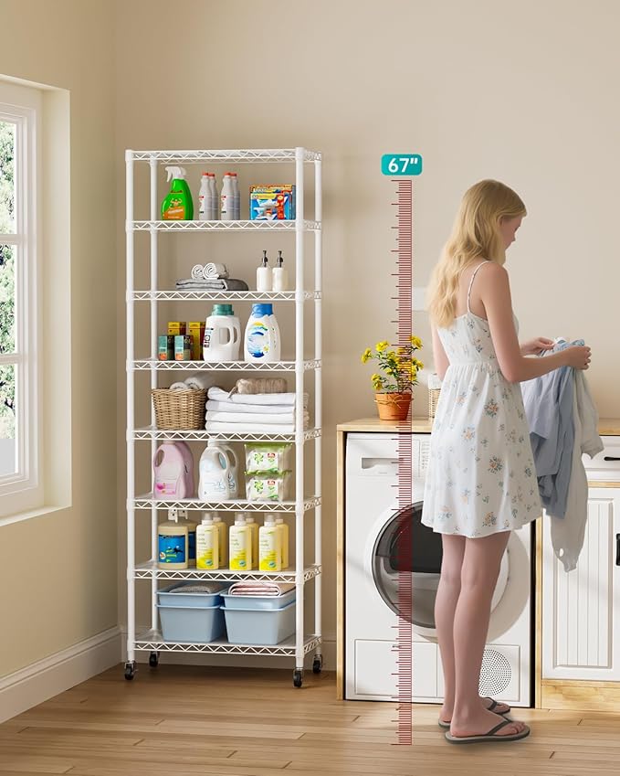 8 Tier Shelves Storage Shelf Wire Closet Bathroom Organizers Metal Pantry Kitchen Garage Shelving Unit Laundry Room Organization Home Rack Net Basket Black with Wheels 12”D X 22”W X 74.2”H