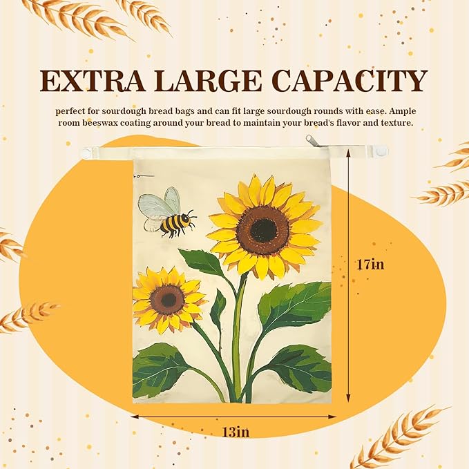 Beeswax Bread Bags for Sourdough 2 Pack 13"x17" Eco-Friendly Reusable Linen Cotton Storage Bags with Zipper Closure for Homemade Bread Fresh-Keeping, Freezer-Safe Sunflower