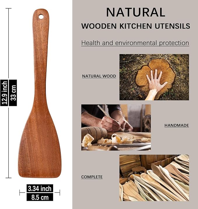 2PCS Wooden Spatulas for Cooking, 13inch Coated Sapele Wood Turners for Frying, Non-Scratch Flat Spurtle for Pan & Wok, Wooden Cooking Utensils for Non Stick Cookware, Long Handle Scraper