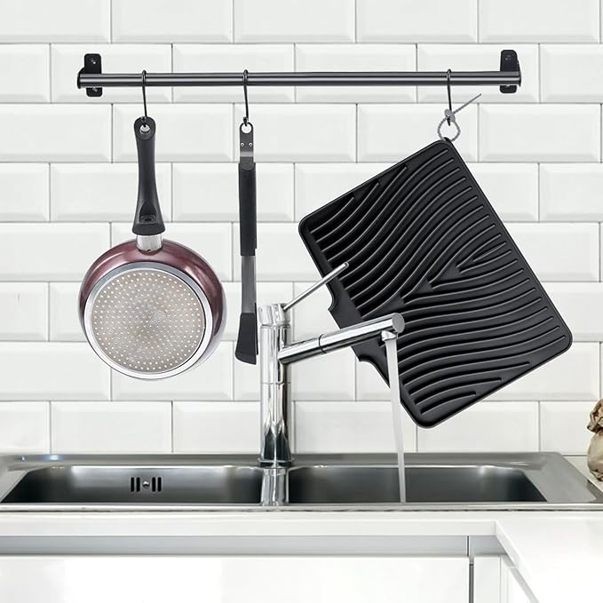 Silicone Dish Drying Mat for Kitchen Counter, Dish Drying Pad, Non-Slip Drain Pad with Built-in Drain, Heat Resistant Stone Drying Mat(15.8" x 13", Black)