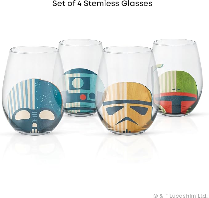 JoyJolt Star Wars™ Helmet Hues Tumblers Stemless Glasses. Set of 4 Large 19oz Glass Drinking Glasses, Wars Kitchen Gifts and, Collectibles for Adults