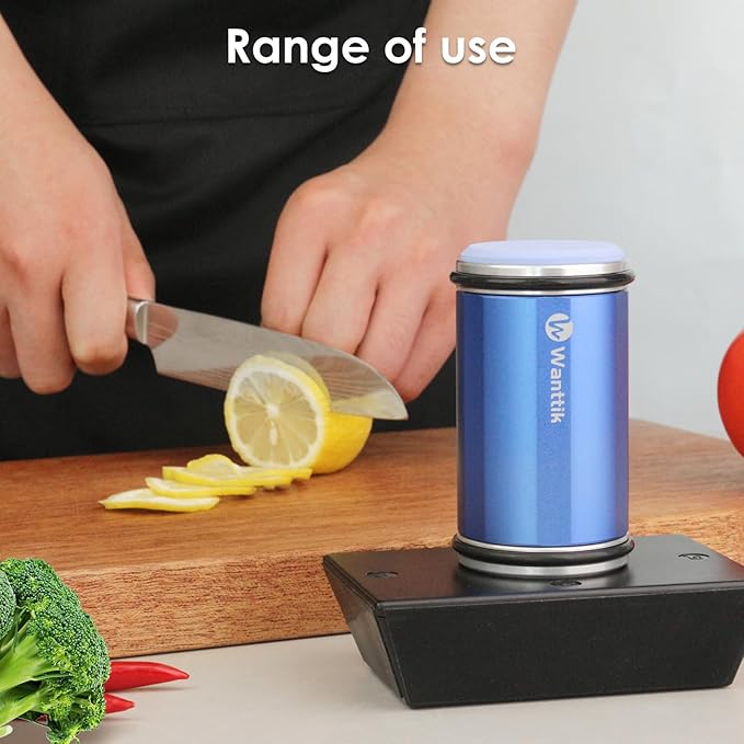 Upgraded Longer Rolling Knife Sharpener Kit, Roller Knife Sharpener with Leather Strop, 4PCS Replaceable Honing Discs, 15°, 18°, 20°, and 22° Longer Angle Base, RS3 Blue