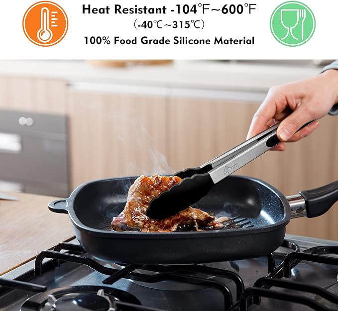HOTEC Premium Stainless Steel Locking Kitchen Tongs with Silicon Tips, Heat Resistant Cooking Tongs Set of 3-7", 9" and 12" (Black)