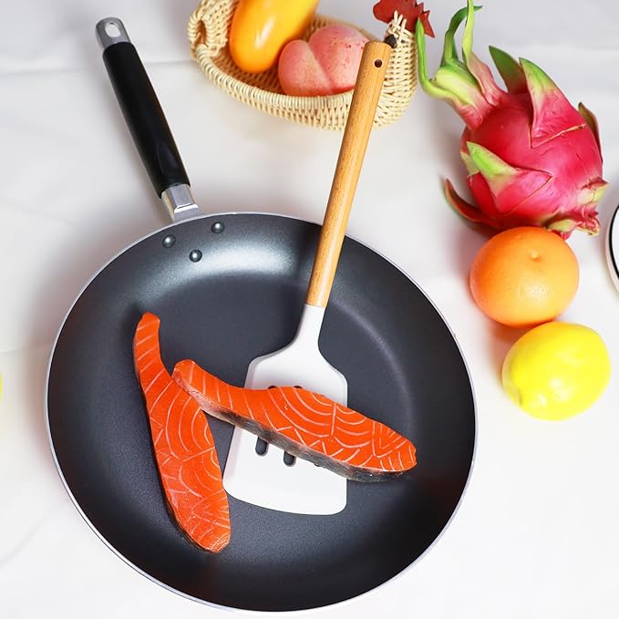 2Pcs Silicone Spatula Set Turner Heat Resistant for Nonstick Cookware Rubber Wok Turner with Wood Handle, Plastic Spatula Silicone for Cooking Use Kitchen Utensils Set White