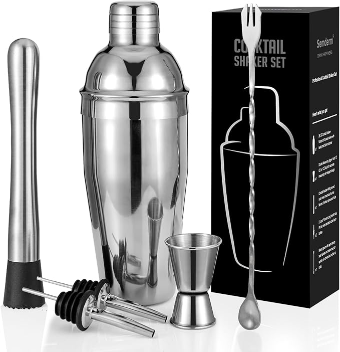 Cocktail Shaker Set, 6-Piece Mixology Bartender Kit Premium Shakers Bartending: Martini Shaker Jigger Mixing Spoon Muddler 2 Pourers Bar Tools Set with Built-in Bartender Strainer for Drink Shaker