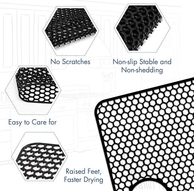Silicone Sink Protectors for Kitchen Sink with Rear Drain - 26"x 14" Kitchen Protector Accessory, Non-Slip Heat Resistant Grid Mat for Bottom of Farmhous Stainless Steel (Rear Hole, Black)