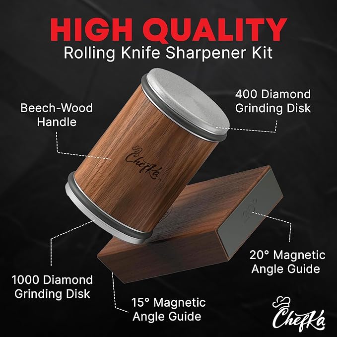 Rolling Knife Sharpener Kit for Kitchen - Stainless Steel Helix Disc, Diamond Plated, 15 & 20 Degree Angles, Quickly & Easily Sharpens Blades