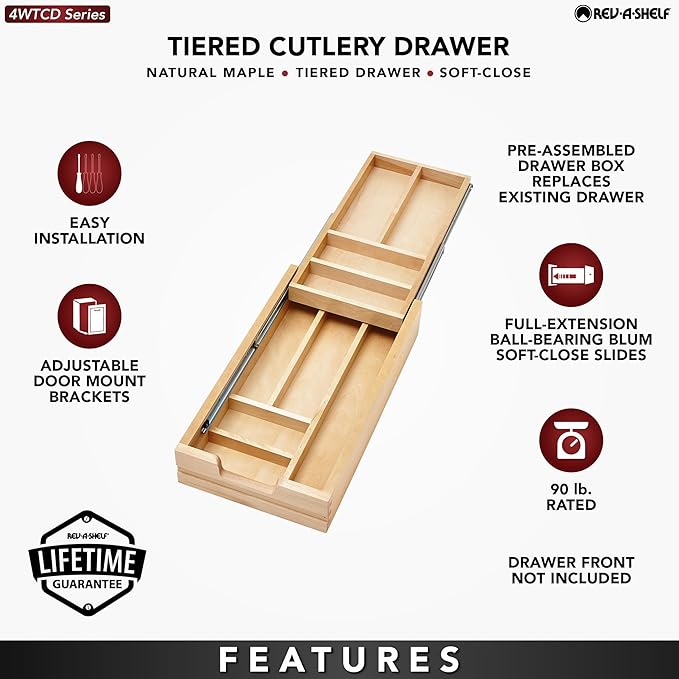 Rev-A-Shelf 12 Inch Wide 2 Tiered Kitchen Utensil & Cutlery Pullout Drawer Tray Organizer, 15" W Soft Close