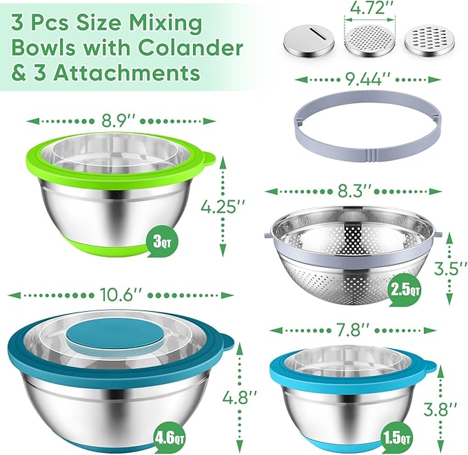 P&P CHEF Mixing Bowls with Lids Set of 3, Stainless Steel Mixing Bowl and Colander for Kitchen, 3 Grater Attachments & Non-Slip Bottoms, Visible & Airtight Lid, Multicolor