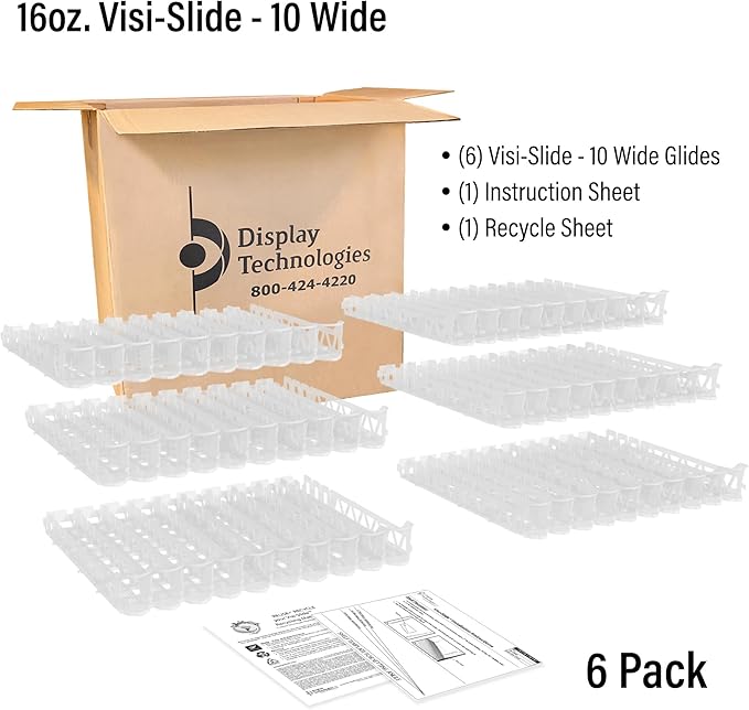 Display Technologies Visi-Slide Gravity Fed Organizer for 12/16oz high ring Beverages on flat and angled shelves in Cold Vaults & Coolers (Pack of 6)