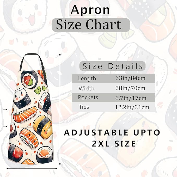 Sushi Apron,Oxford Fabric Adjustable Kitchen Apron with 2 Pockets,Waterproof Cooking Aprons for Men Women Mom Wife Dad,Ideal Gifts for Coffee House,Shop,Baking,BBQ,Housewarming,28x33in