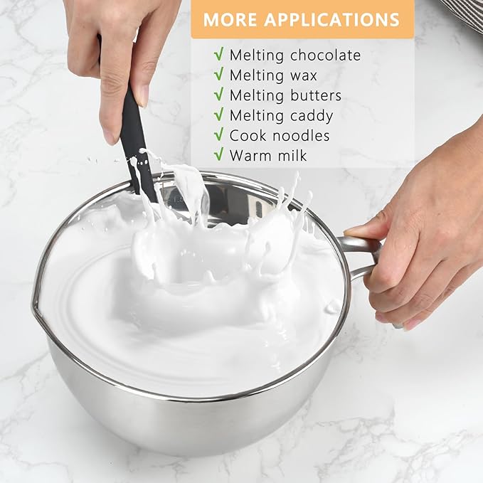 3PCS Double Boiler Pot Set, 2000ML/1.8QT Mixing Bowl with Scale 2800ML/ 2.54QT Stainless Steel Heating Pot with Silicone Spatula for Cheese Chocolate Candy Candle Soap Wax Melting (2000ml+2800ml)