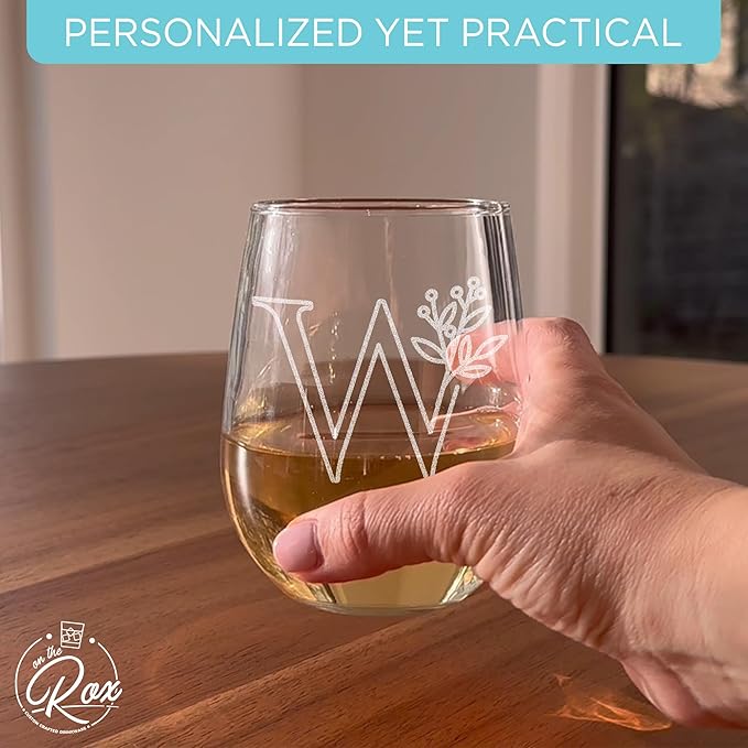 On The Rox Drinks Monogrammed Gifts For Women and Men - Letter A-Z Initial Engraved Monogram Stemless Wine Glass - 17 Oz Personalized Wine Gifts For Women and Men (W)
