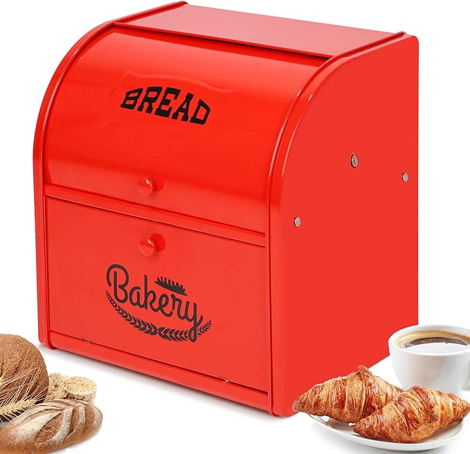 2 Layer Metal Bread Boxes, Bread Box Storage Bin Kitchen Container with Roll Top Lid Iron Countertop Containers Metal Food Storage Bread Keeper Large Capacity Home Kitchen Counter（Red）