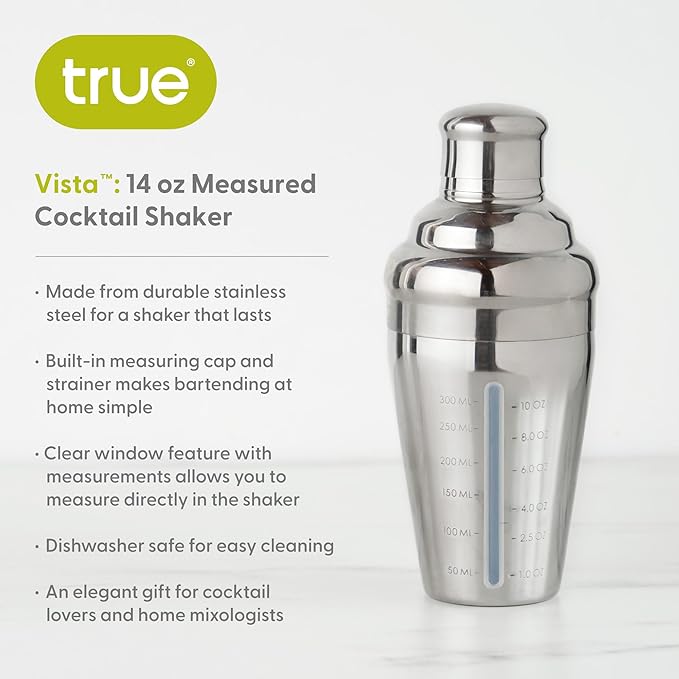 True Vista Stainless Steel Cocktail Shaker with Measurements for Cold Brew Cocktails, Whiskey Sour, Espresso Martini Shaker, Home Bar Essentials, Bar Cart Accessories, Bartender Gifts, 14oz, Set of 1