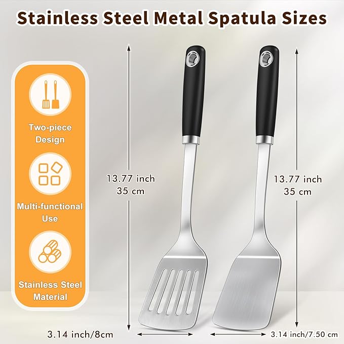 2 Pcs Silicone Stainless Steel Spatulas Set, Metal Spatula Solid & Slotted Turner, Heavy Duty Sturdy Spatula for Kitchen Use, High Heat Resistant Cooking Utensils for Fish Eggs Pancakes, Easy to Clean