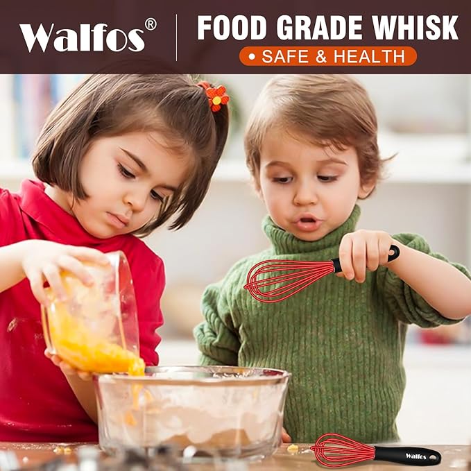 Walfos Mini Whisk Red Small whisk-Non Scatch Rubber Coated Whisks,Mini silicone whisk 5&7 inch Tiny Wisk,Nice for mixing and stirring small batches of powder and sauce in small bowl containers.2pcs