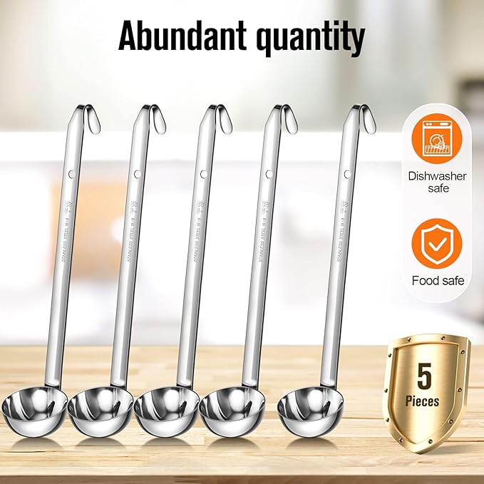 Cunhill 5 Pcs Soup Ladles Stainless Steel Serving Ladles with Long Handle for Serving, Cooking, Stirring, Portioning Kitchen Restaurant Accessories(5 oz)