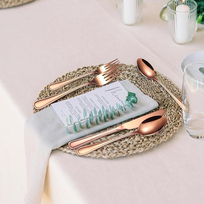 20 Pieces Rose Gold Flatware Set for 4 Person Luxury Stainless Steel Cutlery Forks Knives Spoons Modern Eating Utensils Double Line Edges Handle
