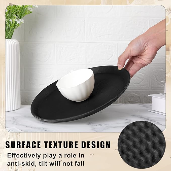 Zopeal 8 Pieces Black Round Restaurant Serving Tray, Plastic Non Slip Surface Food Meals Server Tray with Raised Edges for Home, Kitchen, Restaurant, Cafeteria, Bar (11",16")