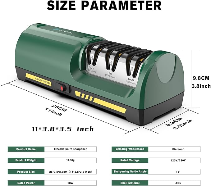 Electric Knife Sharpener 3 Stage Diamond Abrasives Disc 15° Precision Angle Guide, for Sharpening and Polishing Steel Kitchen Knives or Ceramic Knives,120 Grit and 600 Grit and 1000 Grit